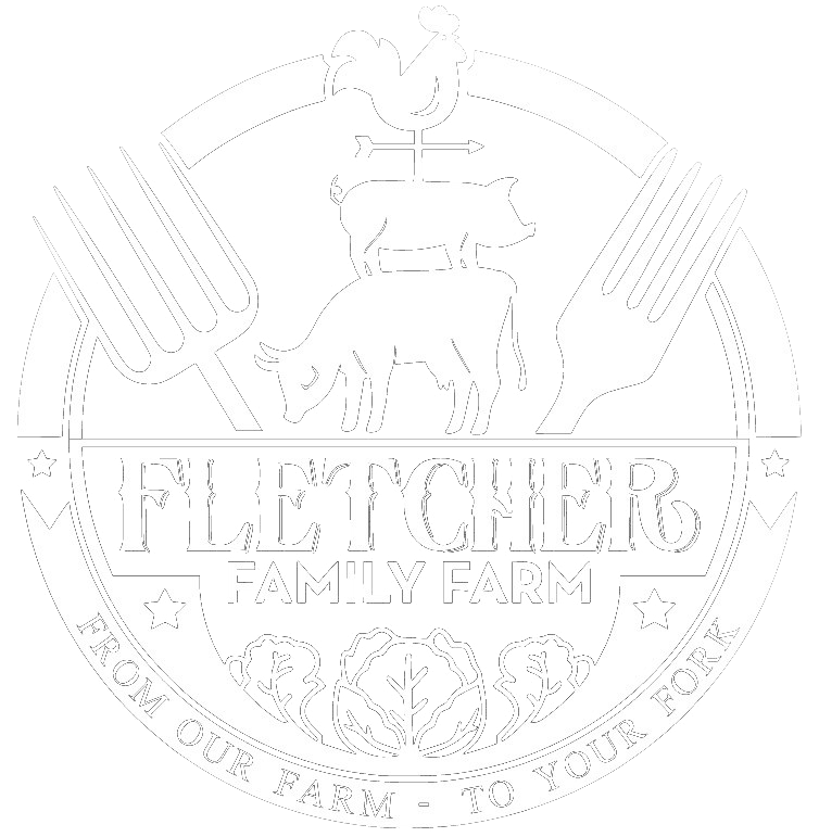 Logo of Fletcher Family Farm featuring a rooster, pig, and cow atop a circular design with forks and leafy greens, emphasizing farm-to-table freshness.